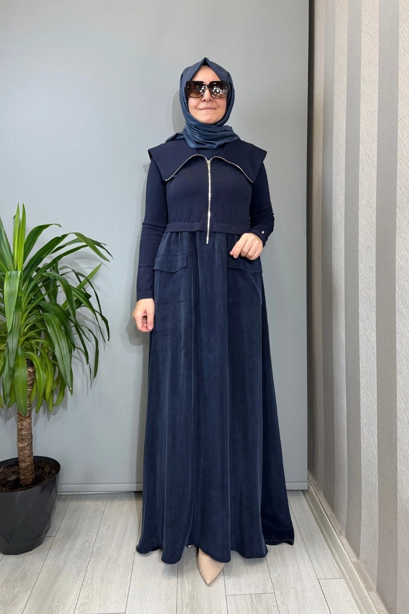 Miss Dalida Fermuar Detaylı Yüksek Yakalı Cupro Elbise Lacivert T26Y-4032