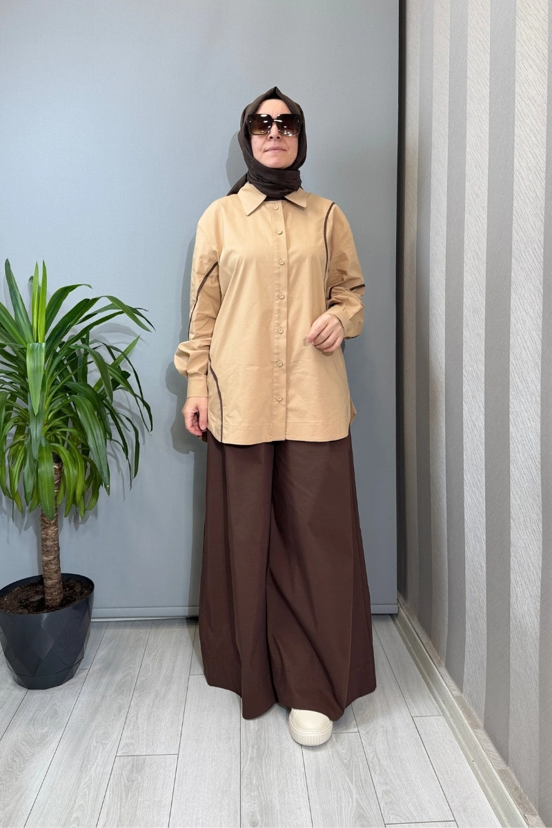 Clande Biye Detaylı Koton Gömlek Vizon 2601-3023