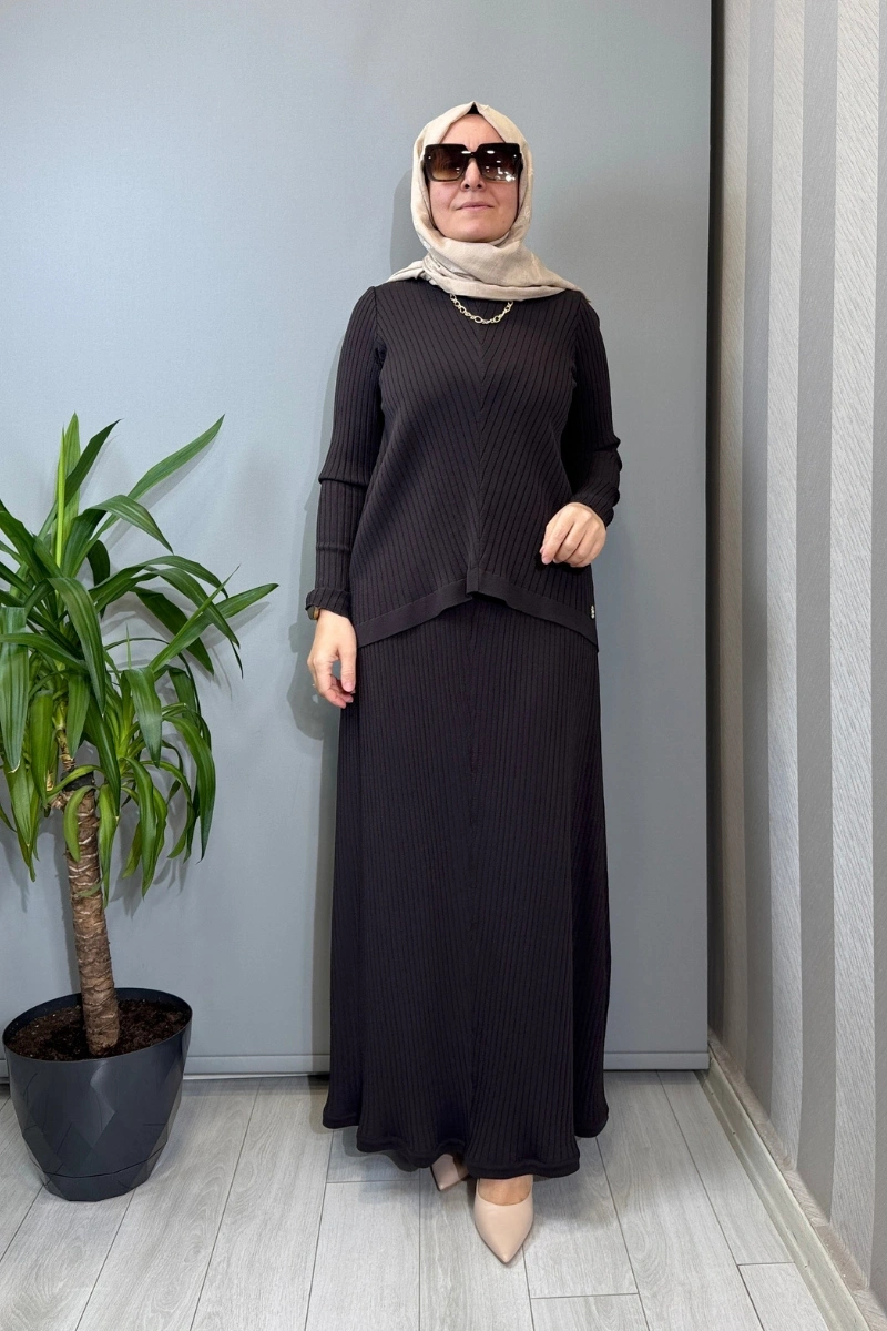 Miss Dalida Rahat Kesim Fitilli Triko Etek Takım Kahve T26Y-6032 (T26Y-2023)