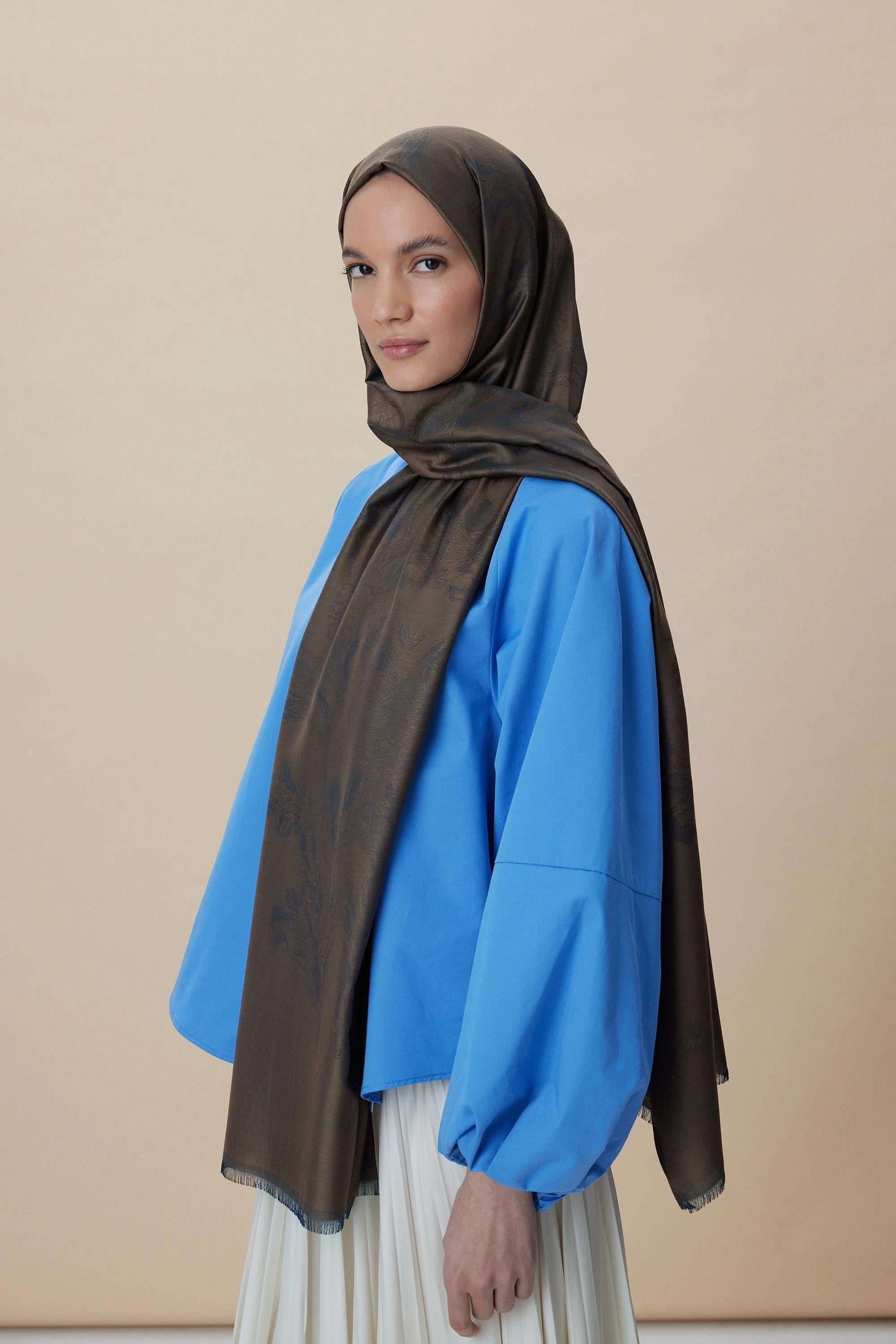 Maisa JADE MODAL İPEK JAKARLI ŞAL 70*200 CM - KAHVERENGİ