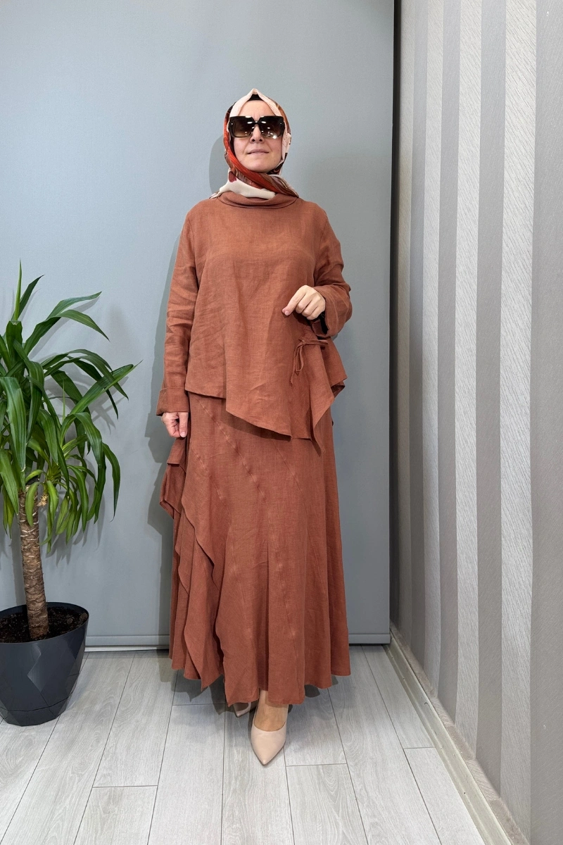 Clande Fırfır Detaylı Keten Takım Kiremit 2601-3046 (2023)