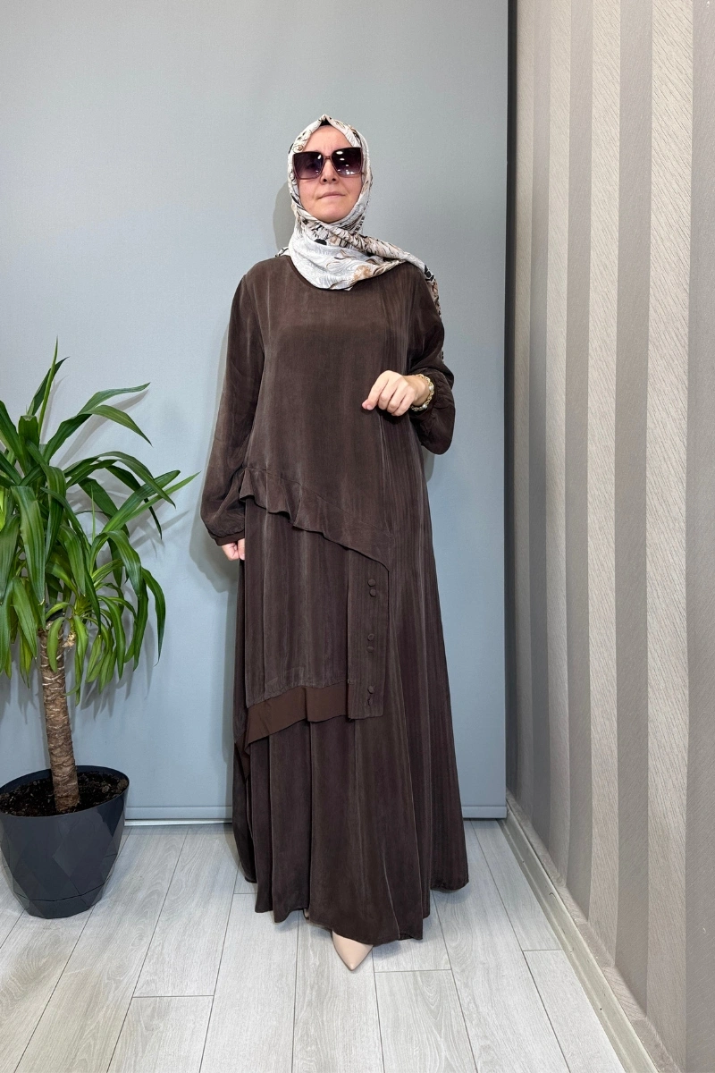 Misswhence Büyük Beden Cupro İpek Elbise Kahve V3355