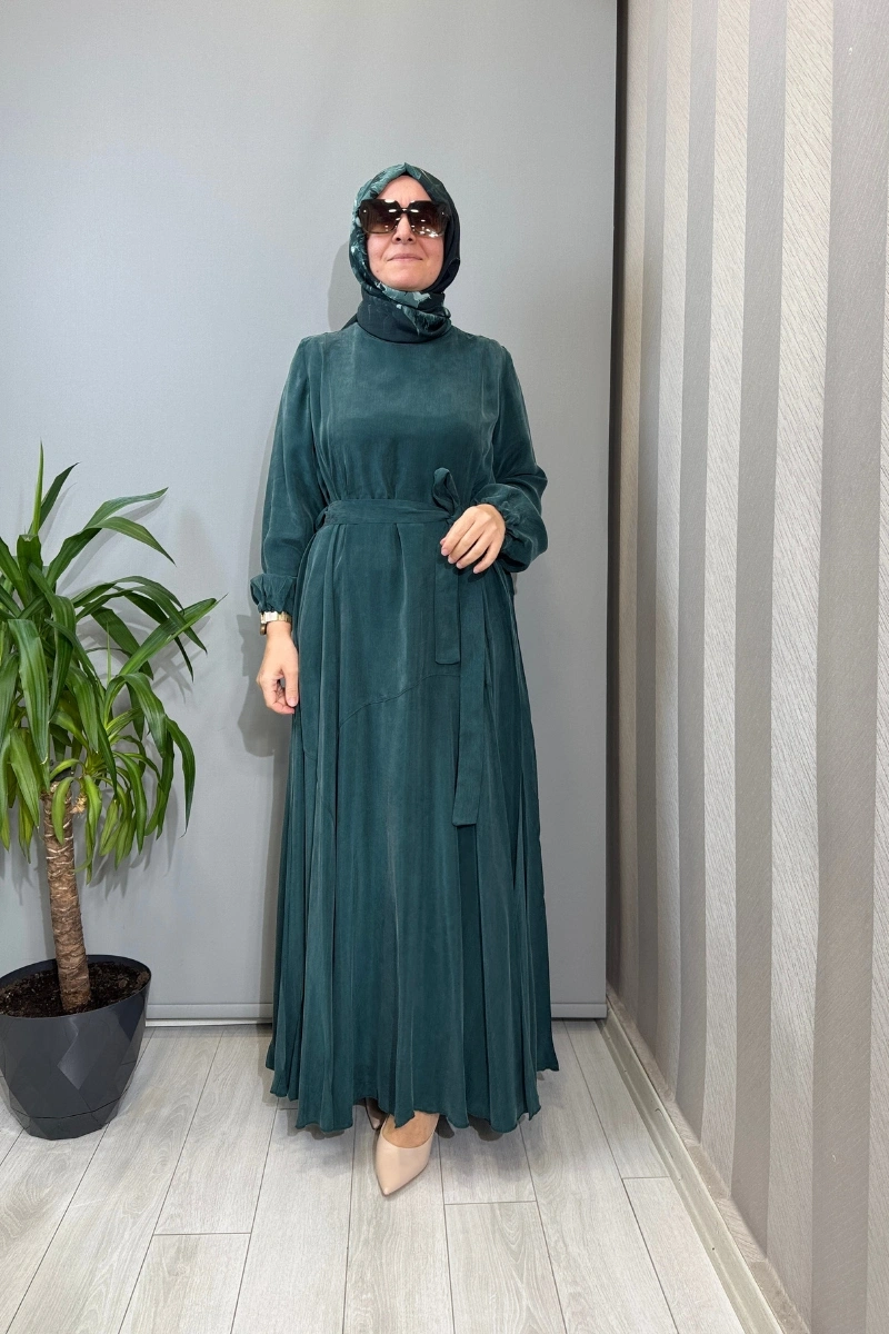 Misswhence Parça Detaylı Cupro İpek Elbise Zümrüt 39842