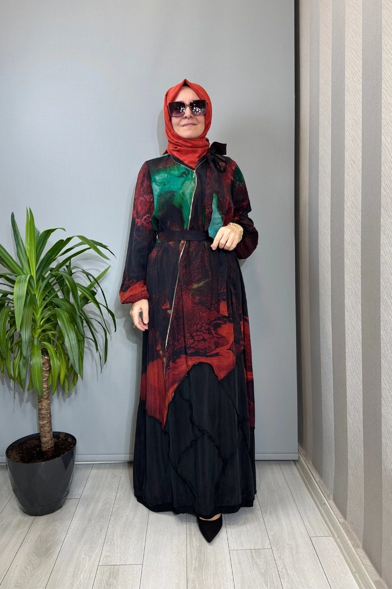 Misswhence Fermuar Detaylı Cupro İpek Elbise Kırmızı Desenli 39802