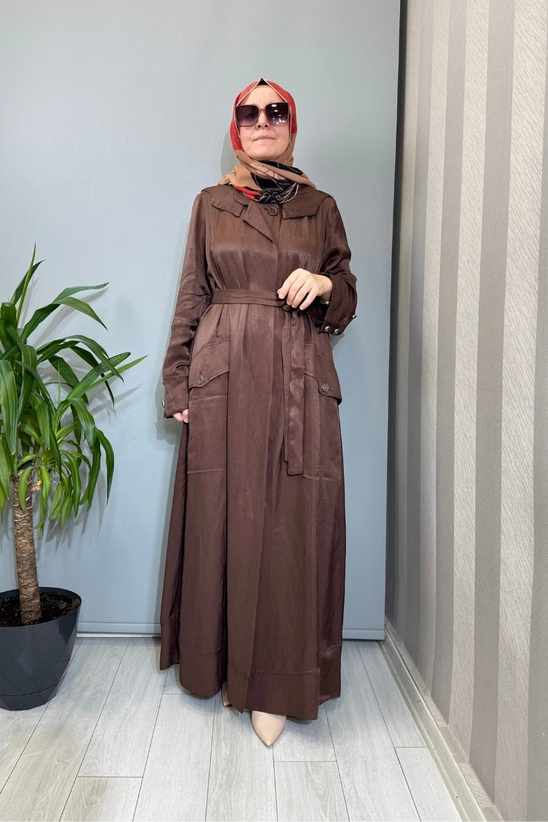 Misswhence Cep Detaylı Kapüşonlu Keten Pardesü Kahve 39504