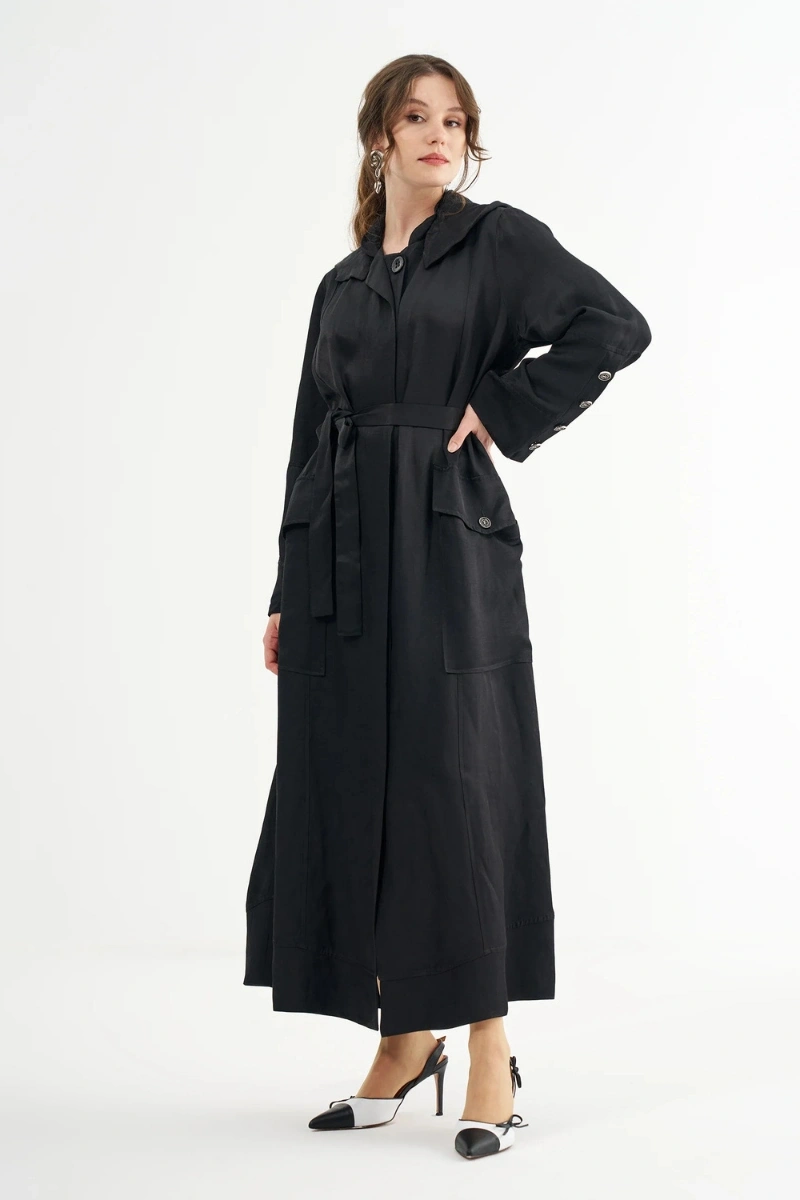 Misswhence Cep Detaylı Kapüşonlu Keten Pardesü Siyah 39504