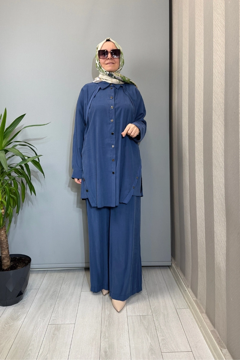 Almarwah Çıtçıt Detaylı Doğal Kumaş Takım İndigo 202990