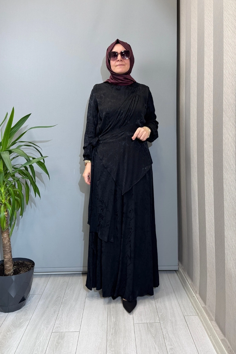 Almarwah Tek Omuz Yelek Detaylı Elbise Siyah 905008