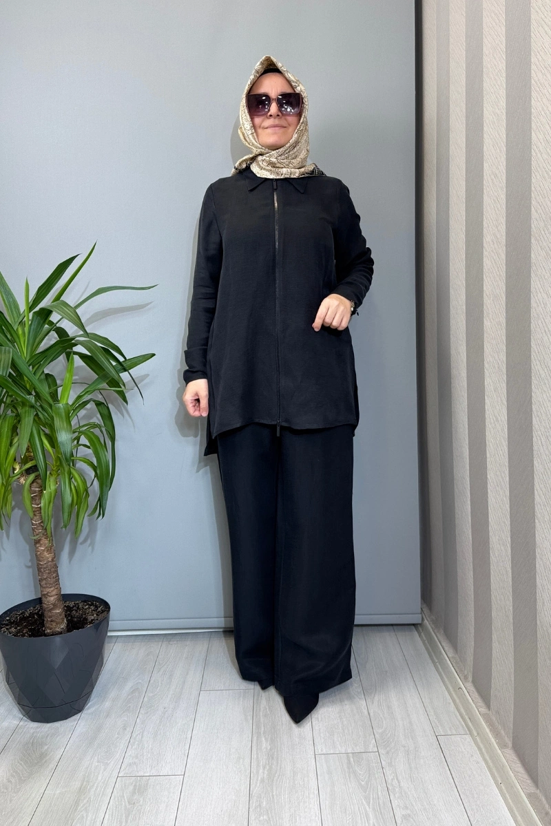 Miss Dalida Önü Fermuarlı İpek Keten Gömlek Siyah 2266352