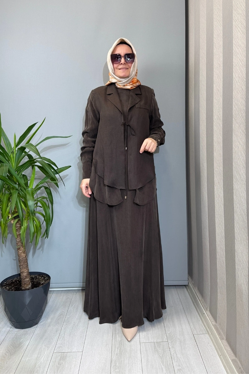 Miss Dalida Bağlama Detaylı Keten Ceket-Elbise Takım Kahve 2260252