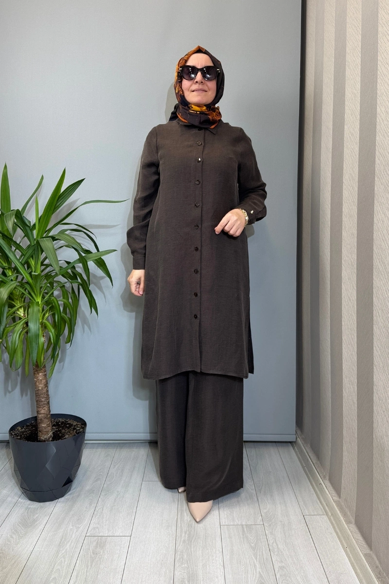 Miss Dalida İpek Keten Uzun Gömlek Kahve 2263351