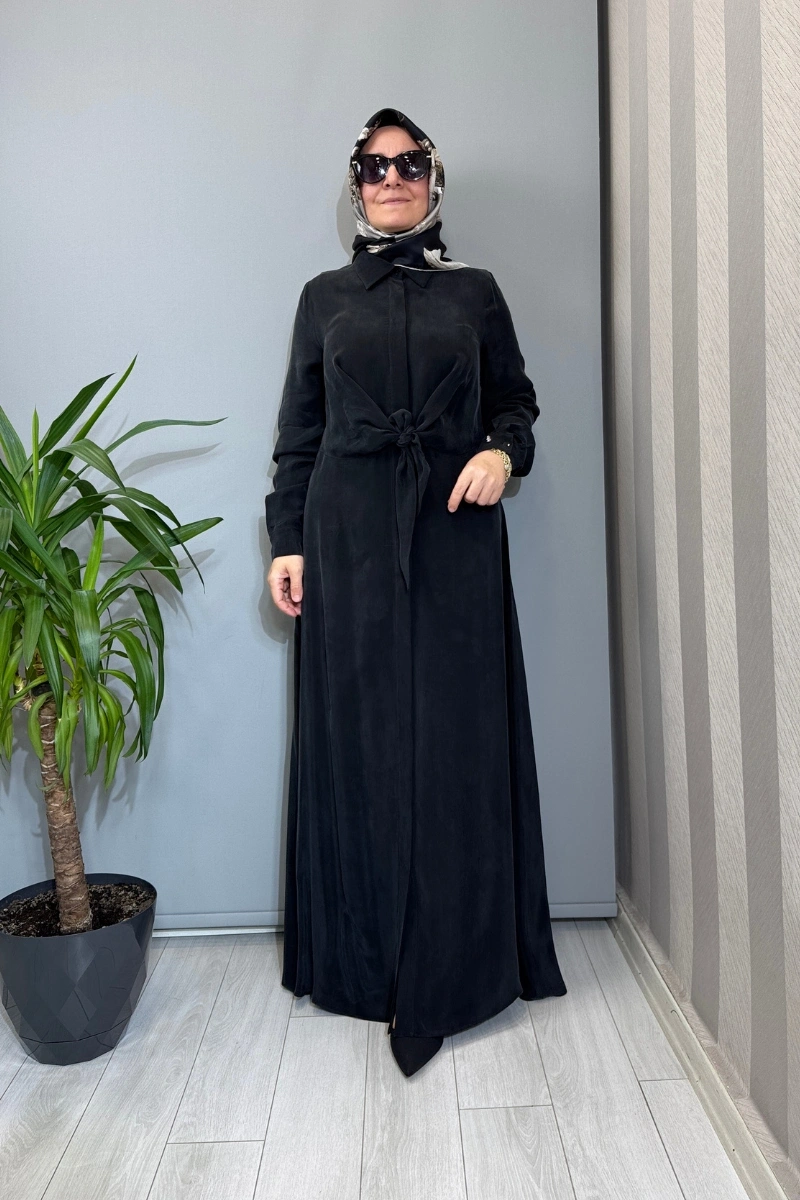 Miss Dalida Ön Kısmı Bağlama Detaylı Cupro İpek Elbise Siyah T26Y-4026