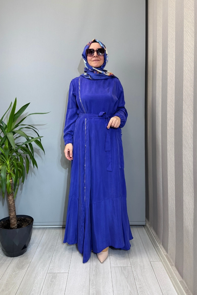 Misswhence Fermuar Detaylı Cupro İpek Elbise Saks 39809