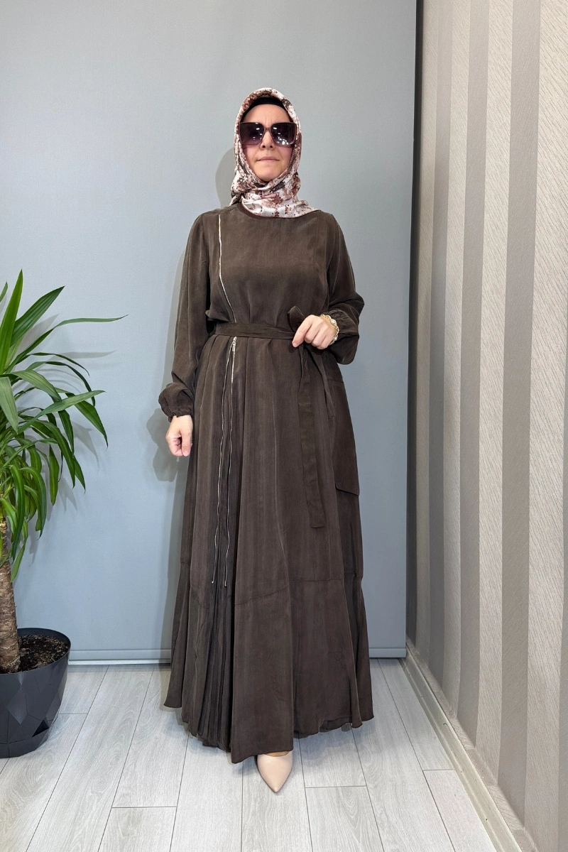 Misswhence Fermuar Detaylı Cupro İpek Elbise Kahve 39809