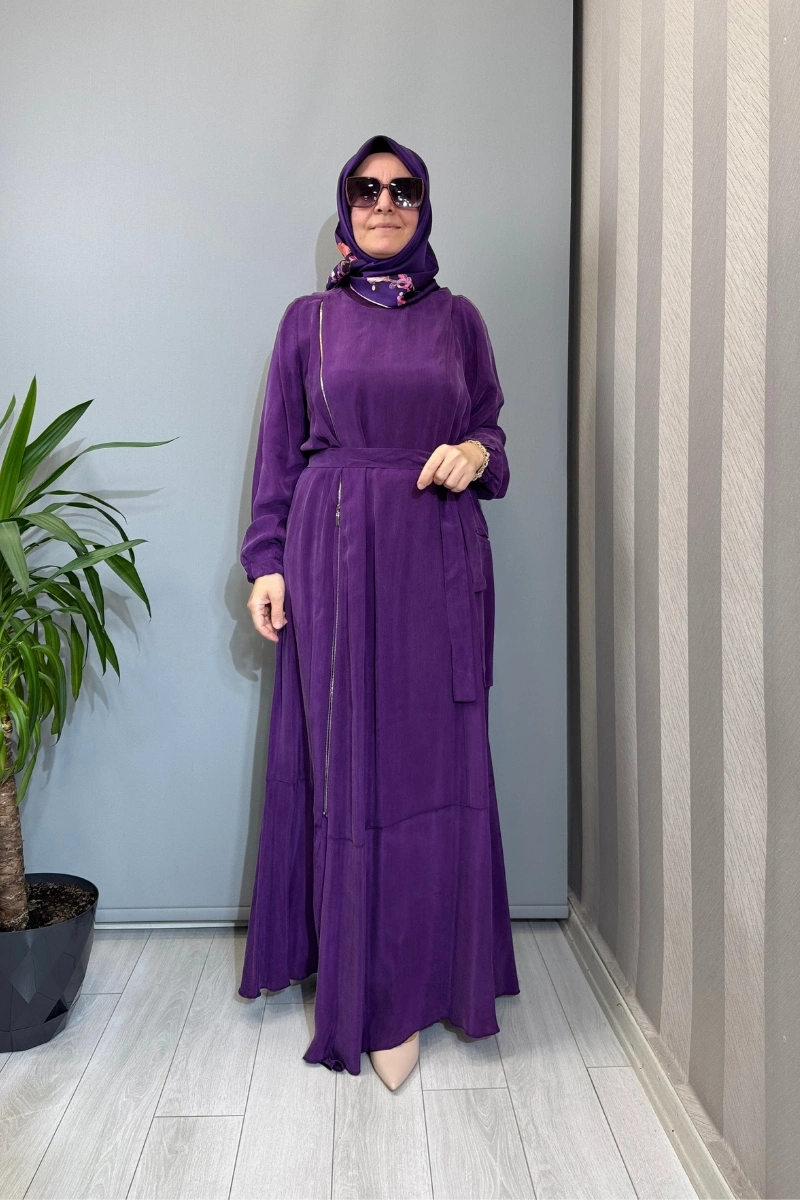 Misswhence Fermuar Detaylı Cupro İpek Elbise Mor 39809