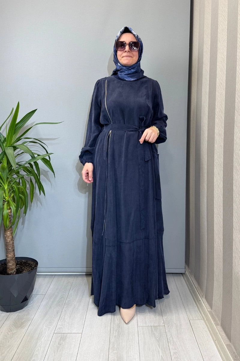 Misswhence Fermuar Detaylı Cupro İpek Elbise Lacivert 39809