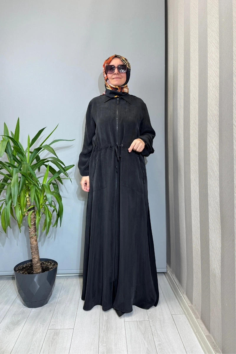Miss Dalida Fermuarlı Beli Büzgülü Cupro Kap Siyah 2268329