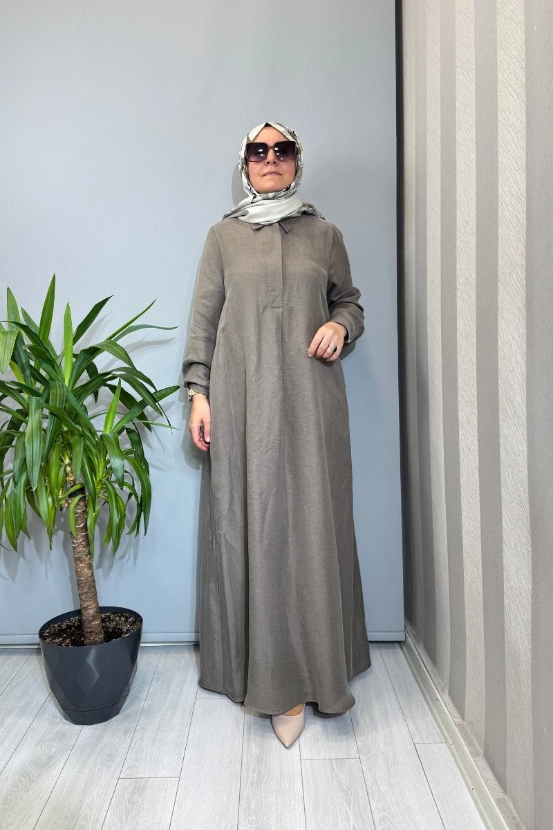 Miss Dalida Gömlek Yaka İpek Keten Uzun Elbise Vizon 2264351