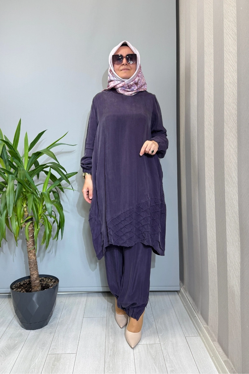 Misswhence Paçası Fermuarlı Cupro İpek Takım Mor 39018