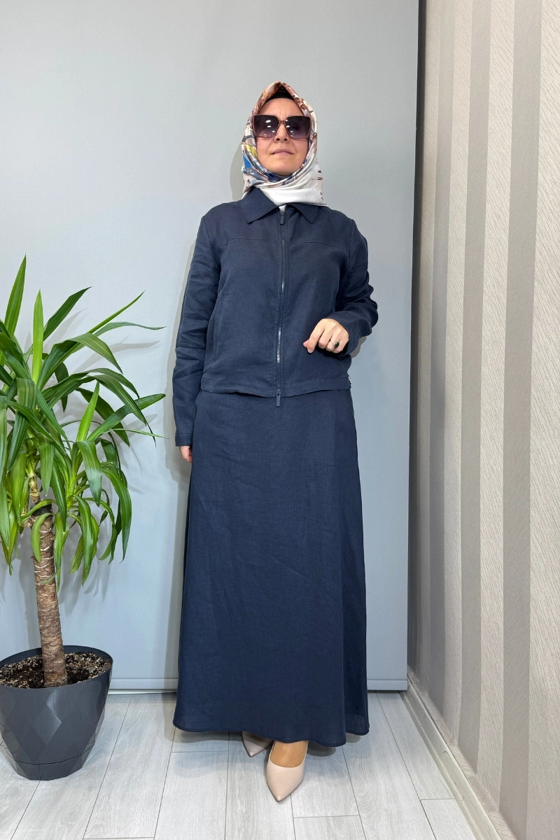 Miss Dalida Önü Fermuarlı Kısa Keten Ceket Lacivert 2268252