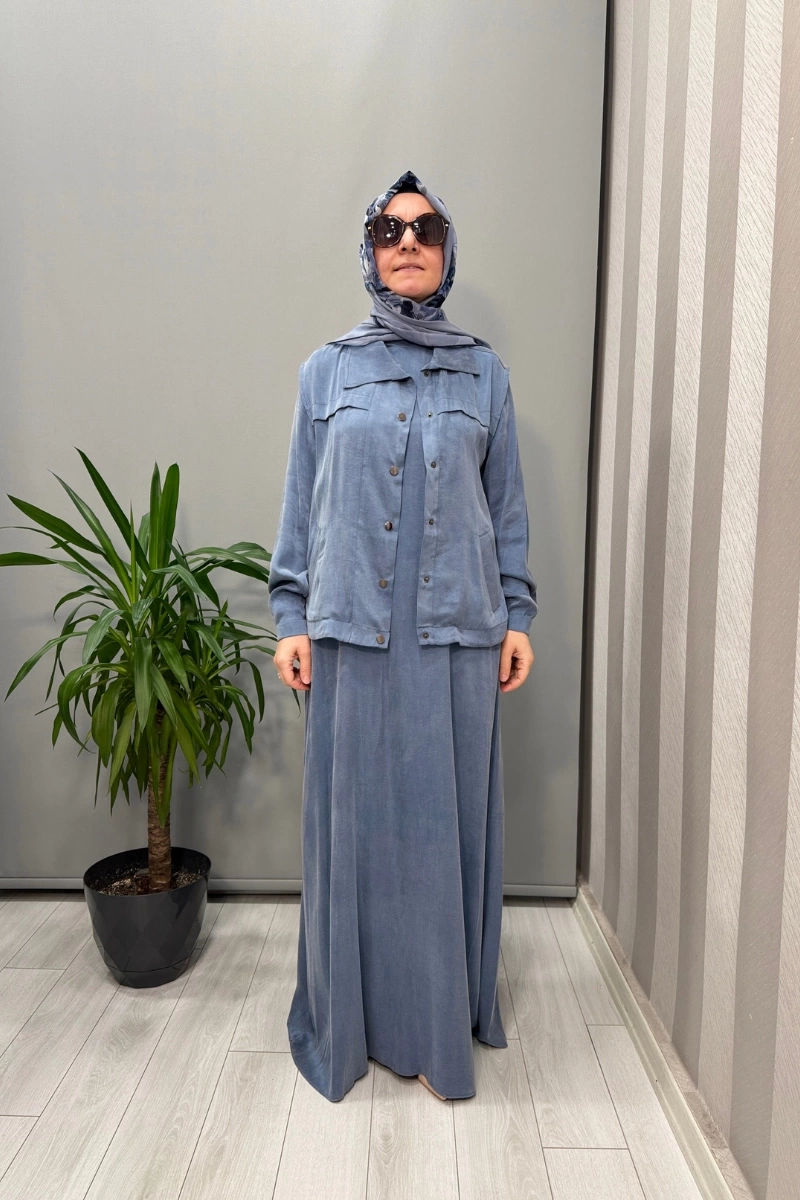 Almarwah Yelekli Cupra İpek Elbise Mavi 202781
