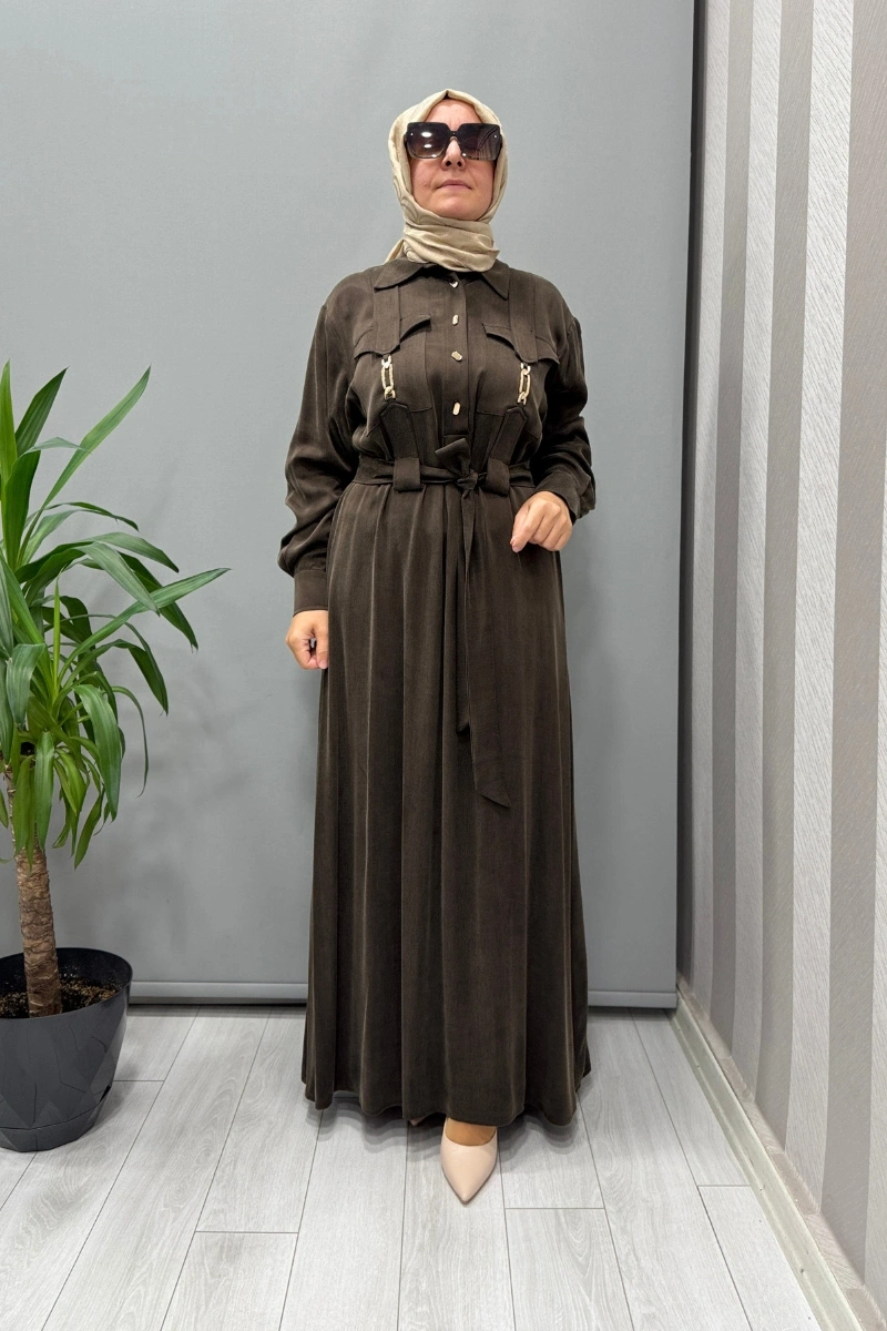 Clande Cep Detaylı İpek Cupro Elbise Kahve 5005