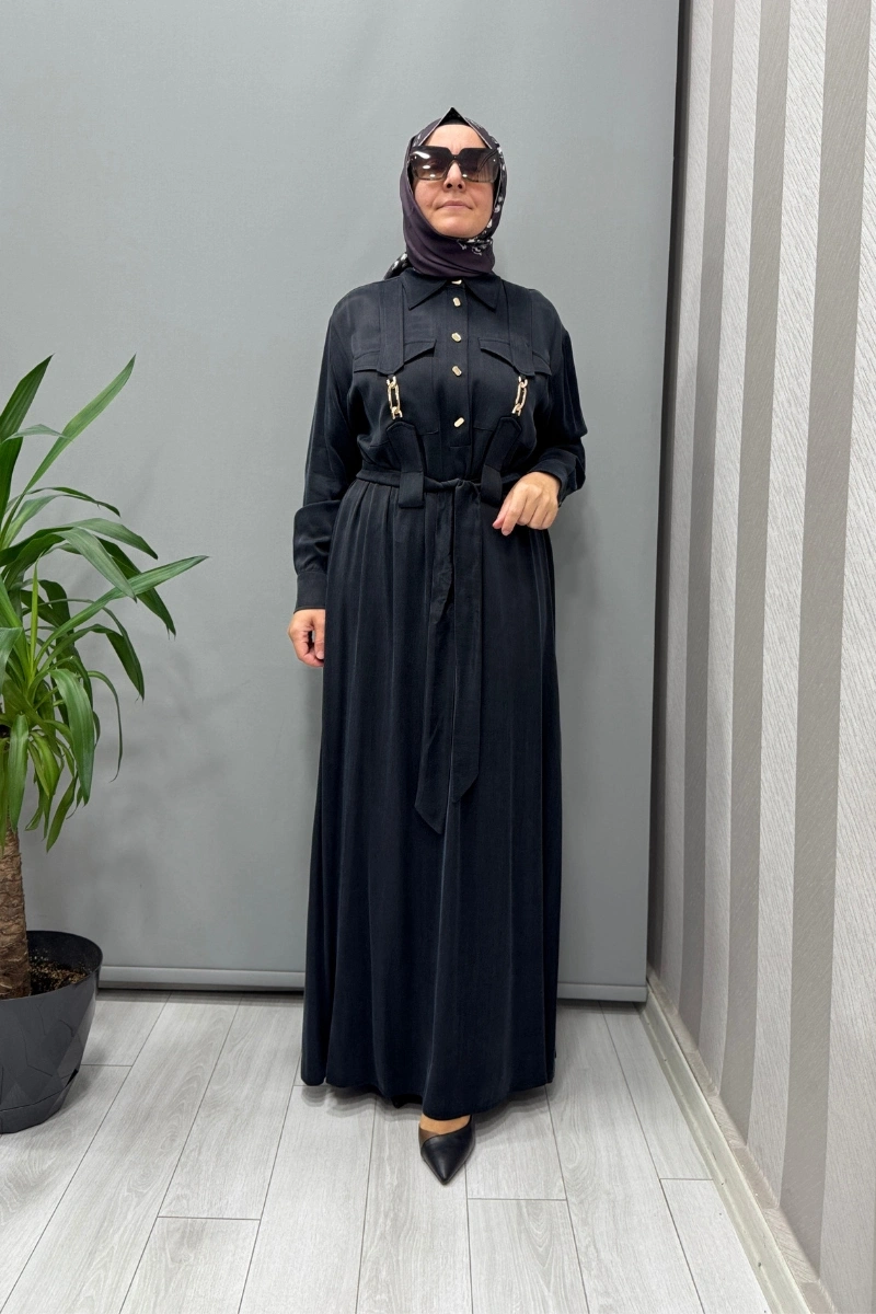 Clande Cep Detaylı İpek Cupro Elbise Siyah 5005