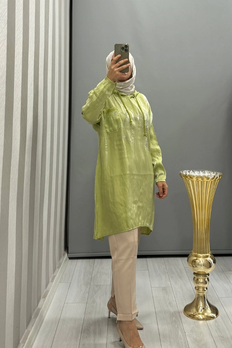 Dressing Room İthal Taş Detaylı Kapüşonlu Tunik Yeşil Y53062