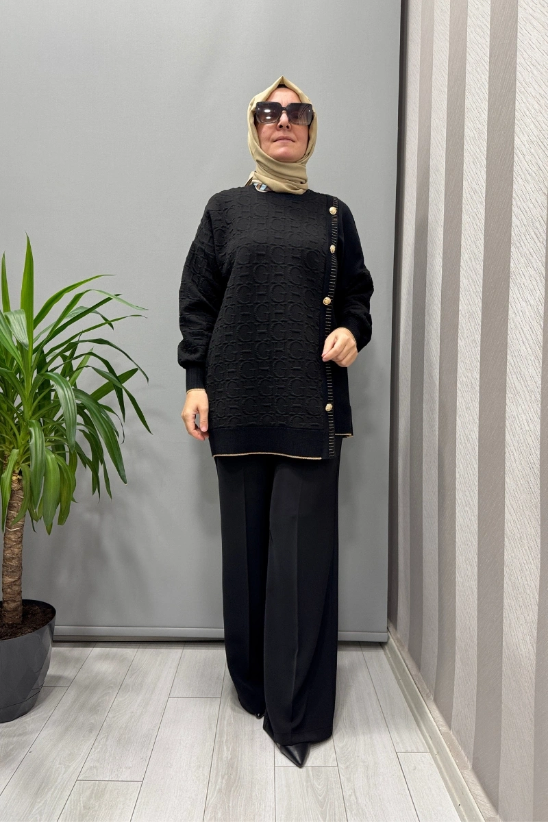Ghisa Asimetrik Triko Mixli Tunik Siyah 26KÖRTNK4801