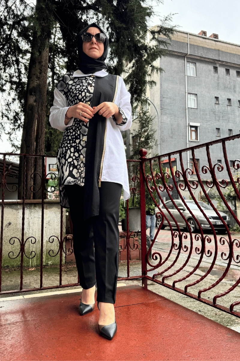 Ghisa Fermuar Ve Çıtçıt Detaylı Gömlek Siyah-Beyaz 5KGSTNK4799