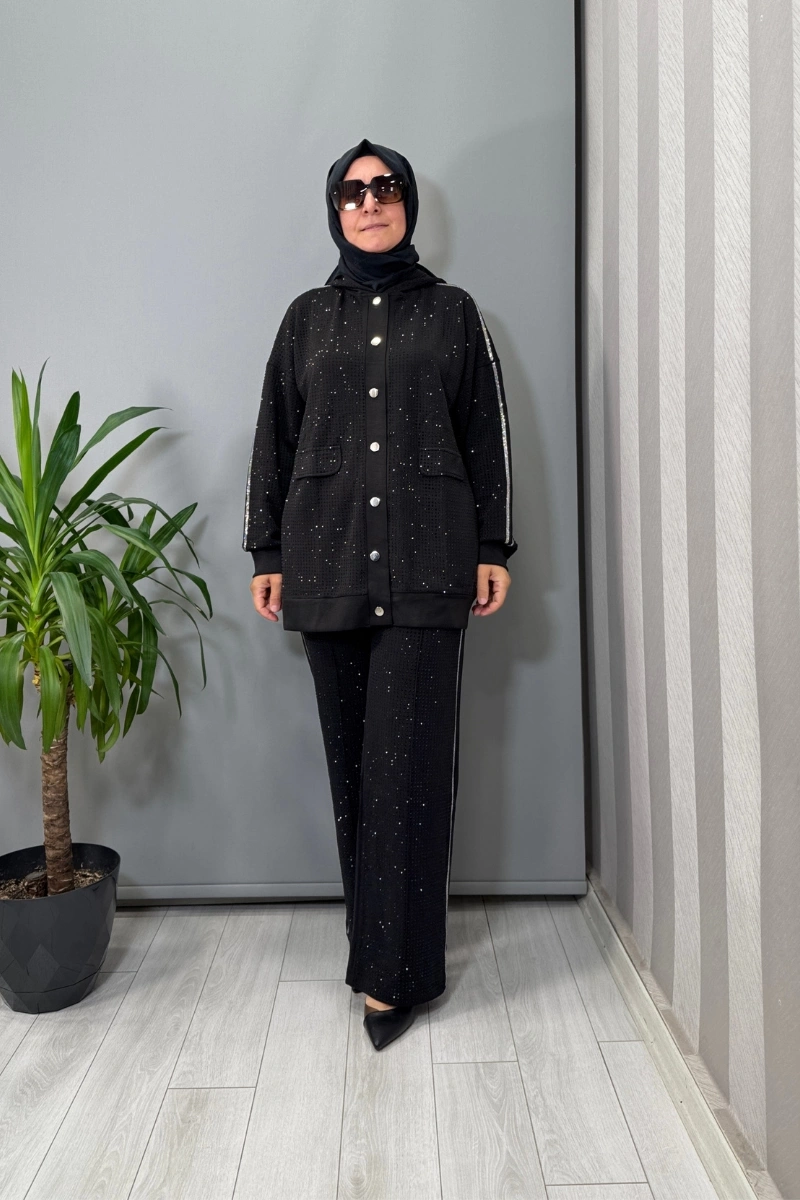 Ghisa Taşlı Tunik Takım Siyah 26KGÇTKM2451