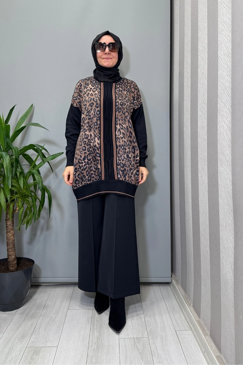 Ghisa Triko Detaylı Leopar Tunik Kahve 26KÖRTNK4148