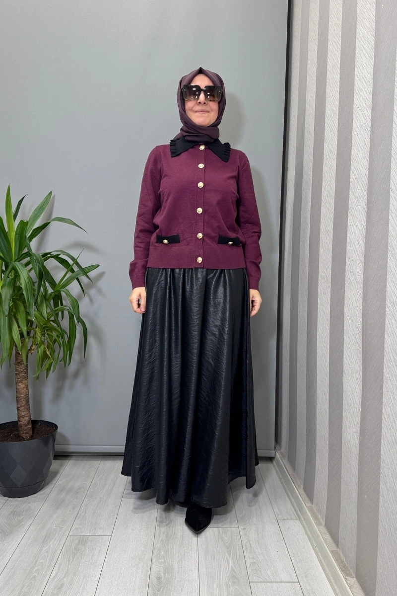 Ghisa Yaka Detaylı Kısa Triko Hırka Mürdüm 26KOBHRK3048