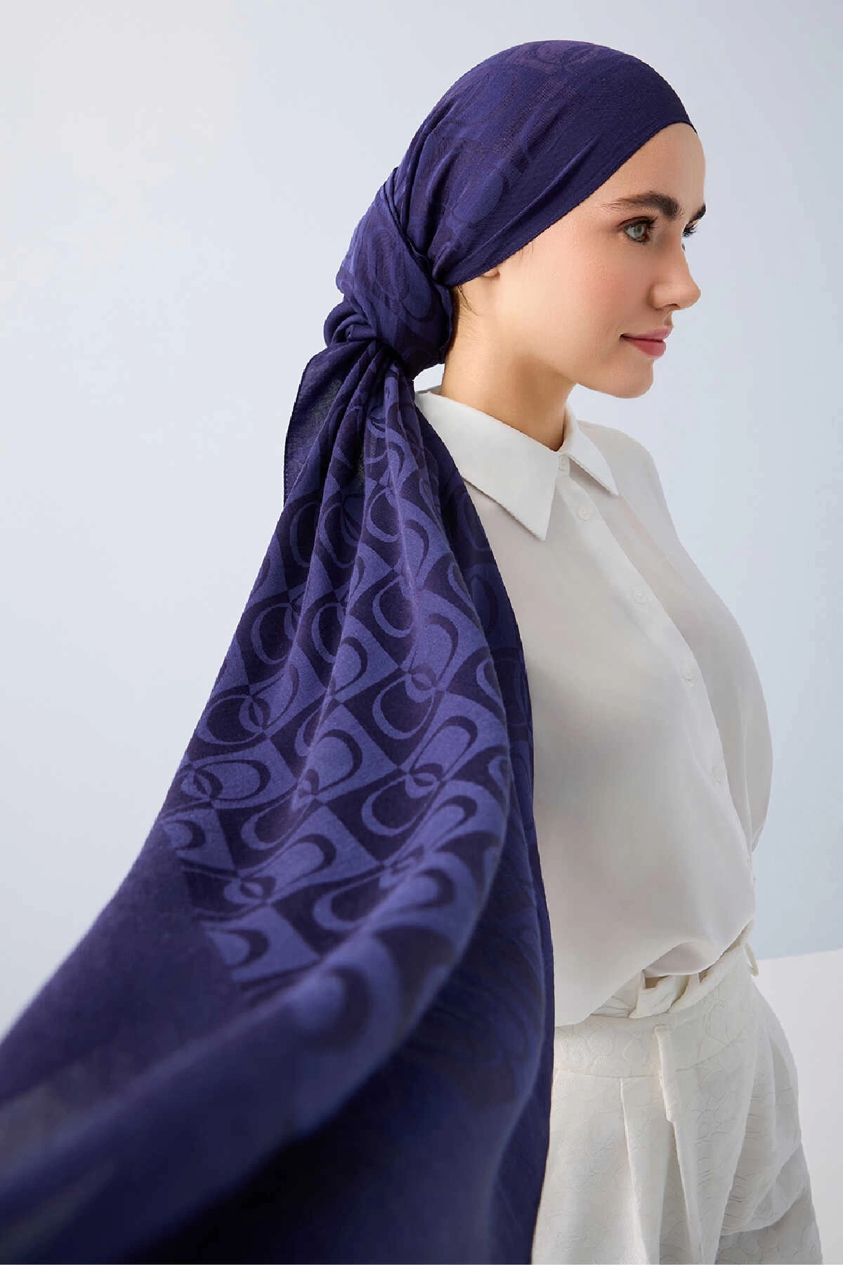 İmannoor Dama Desen Lacivert Naia Pamuk Şal 70x200