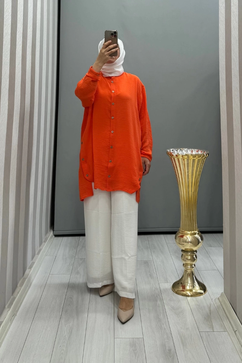 İnvee Düğme Detaylı Caz Tunik Turuncu 6941