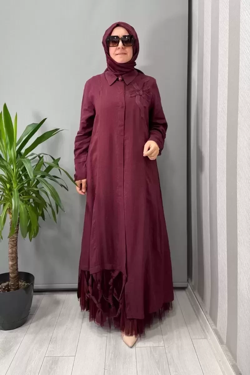 LissMore İşleme Detaylı Elbise Bordo-5536