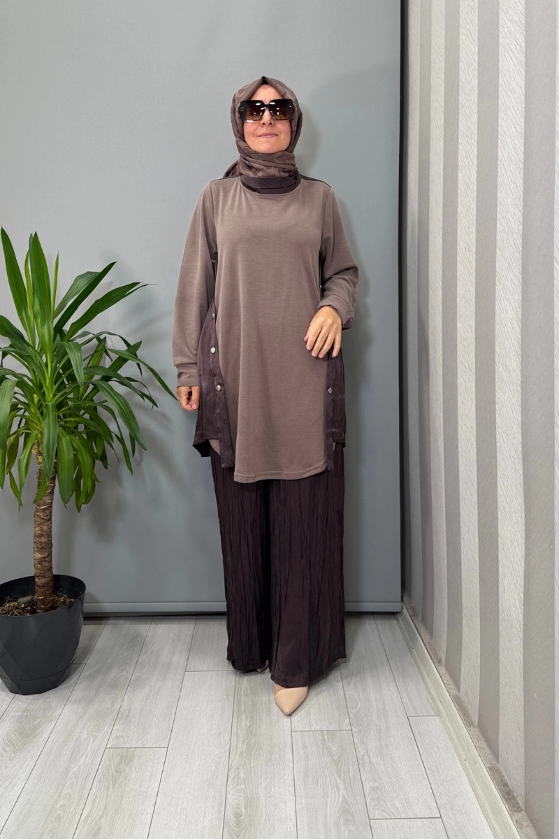 Lissmore Yandan Düğmeli Tunik Takım Kahve 5972