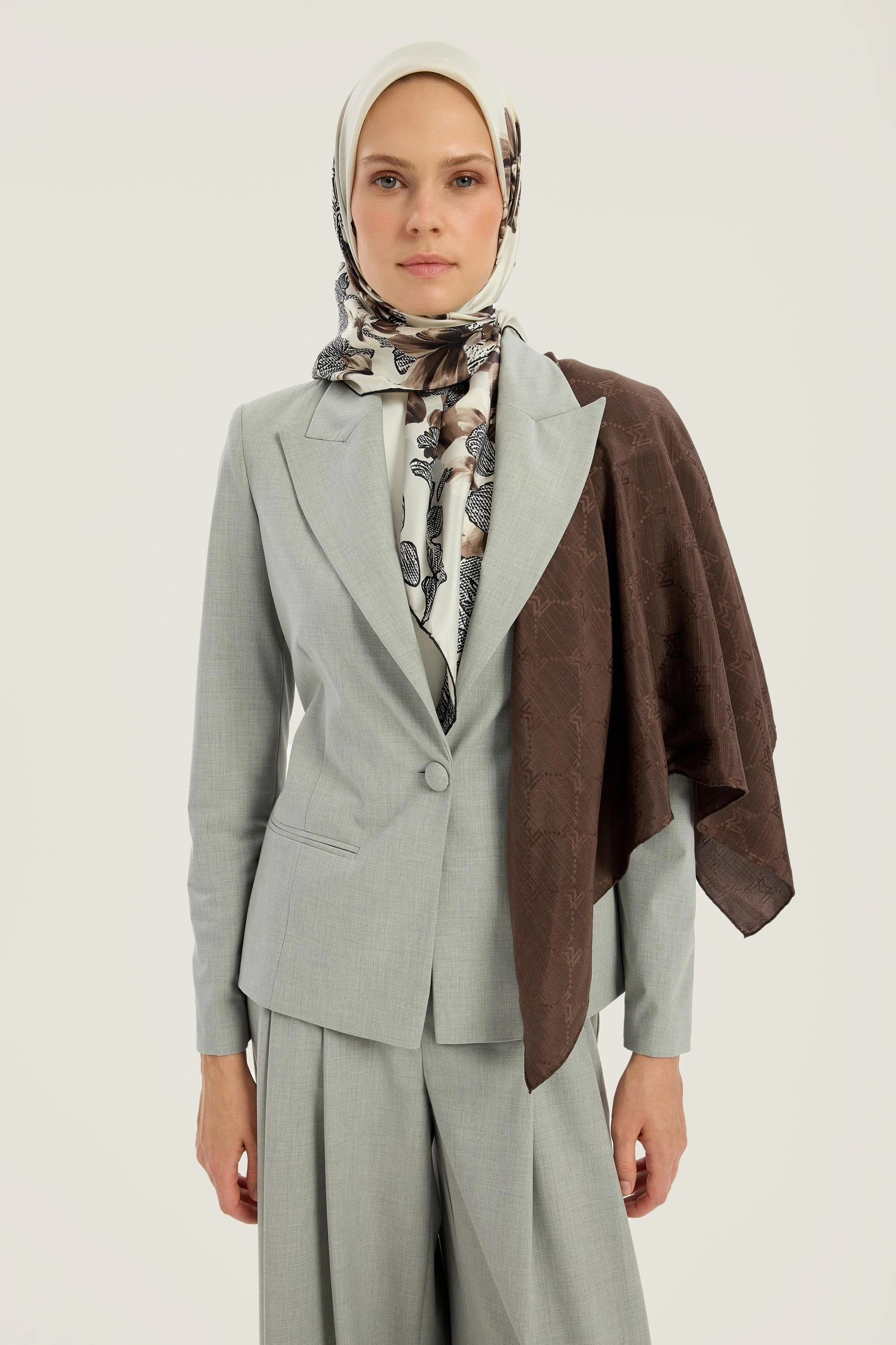 Maisa NEDA PAMUK İPEK EŞARP 90*90 CM - KAHVERENGİ