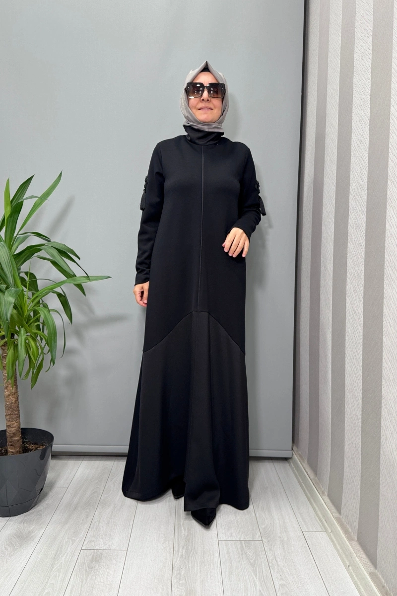 Mascara Dik Yaka Kollar Aksesuarlı Elbise Siyah 56MK5101