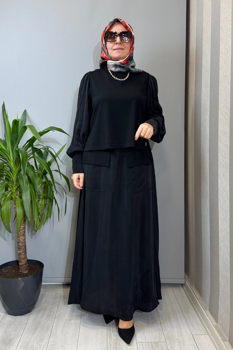 Miss Dalida Balon Cupro Kollu Triko Tunik Siyah T26Y-6034 (T26Y-2018)