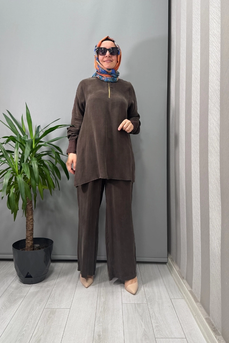 Miss Dalida Beli Lastikli Bol Paça Cupro Pantolon Kahve T25Y-7007