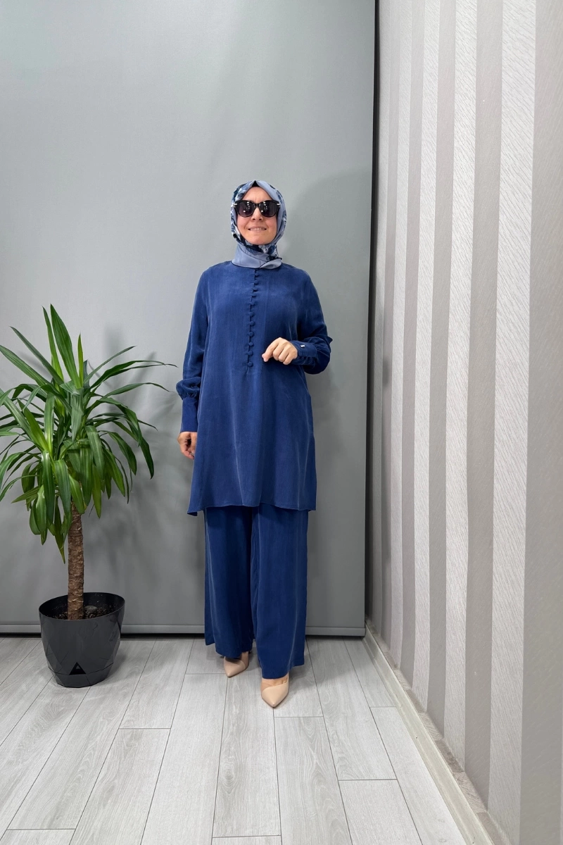 Miss Dalida Beli Lastikli Bol Paça Cupro Pantolon Mavi T25Y-7007
