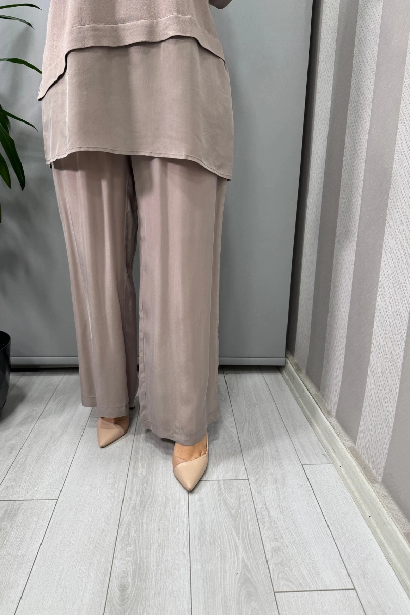 Miss Dalida Beli Lastikli Bol Paça Cupro Pantolon Mink T25Y-7007