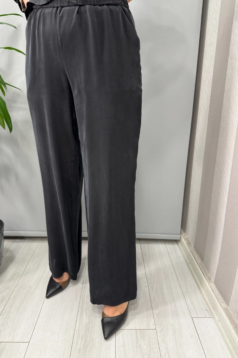Miss Dalida Beli Lastikli Bol Paça Cupro Pantolon Siyah T25Y-7007