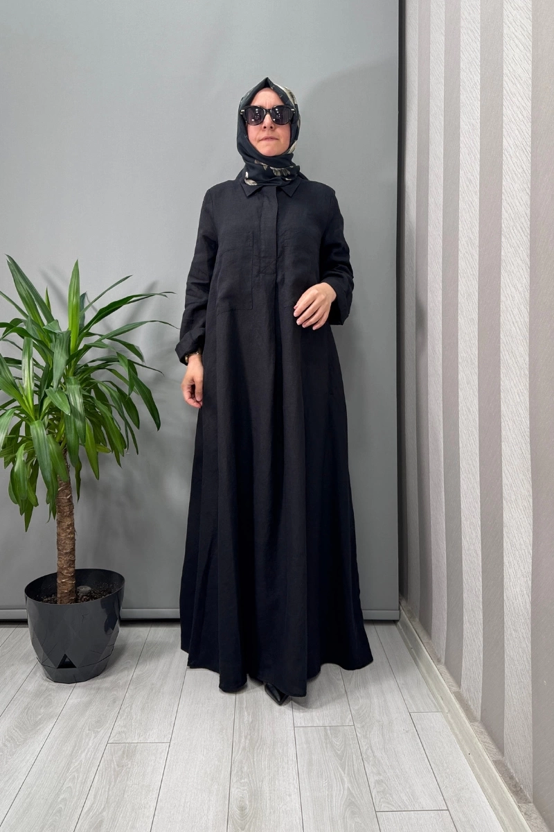 Miss Dalida Cepli Düz Renk Keten Gömlek Elbise Siyah T25Y-4059