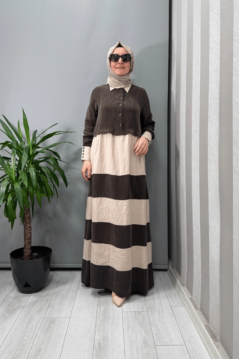 Miss Dalida Cupro Keten İki Renk Elbise Kahve T25Y-4107