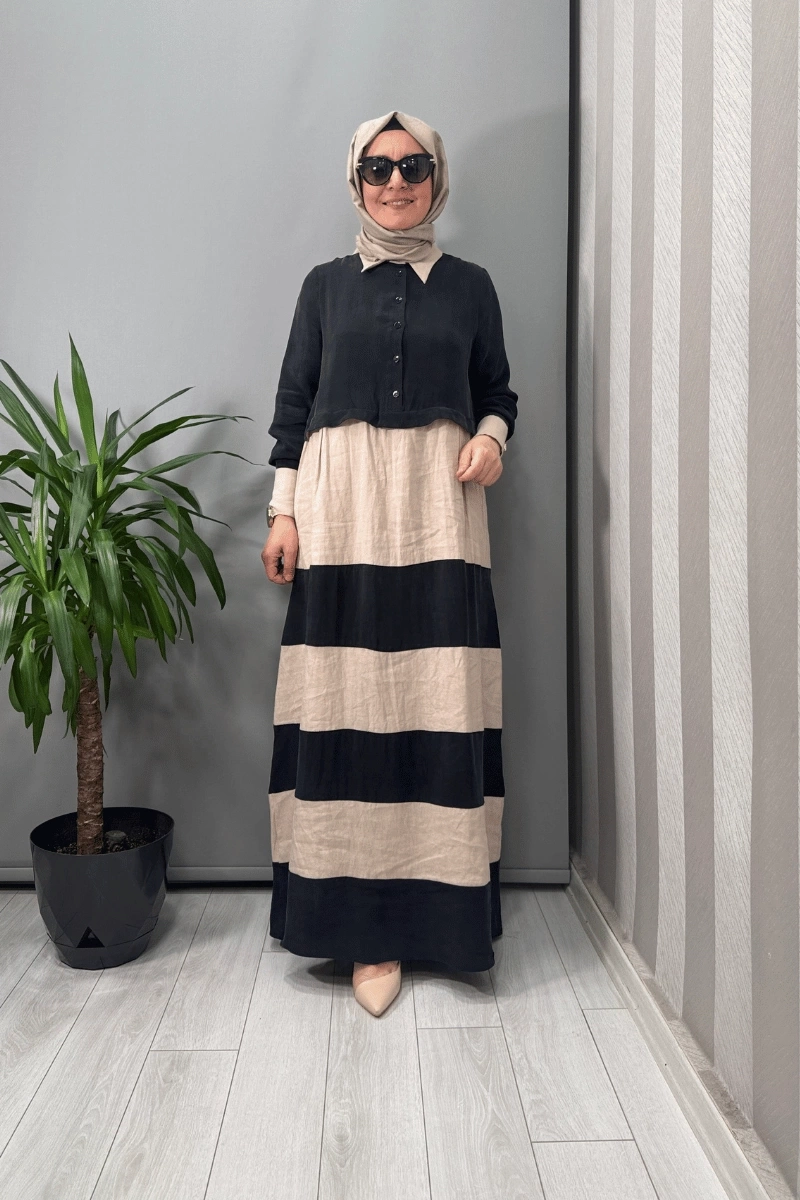 Miss Dalida Cupro Keten İki Renk Elbise Siyah T25Y-4107