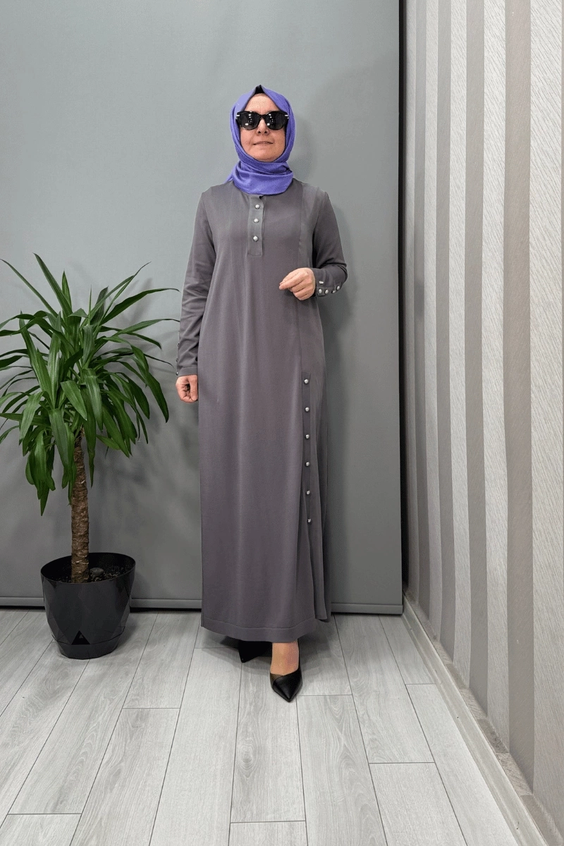 Miss Dalida Dik Yaka Düğme Detaylı Elbise Antrasit T25Y-4023