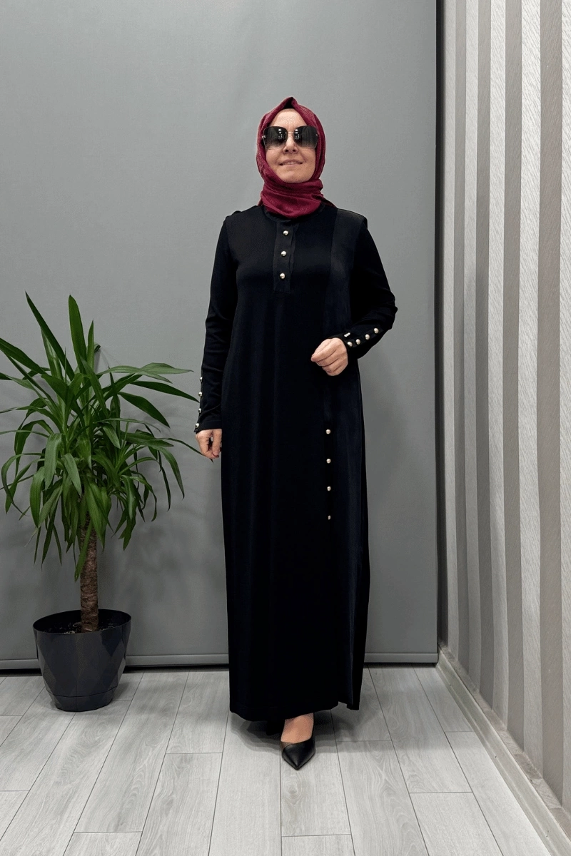 Miss Dalida Dik Yaka Düğme Detaylı Elbise Siyah T25Y-4023