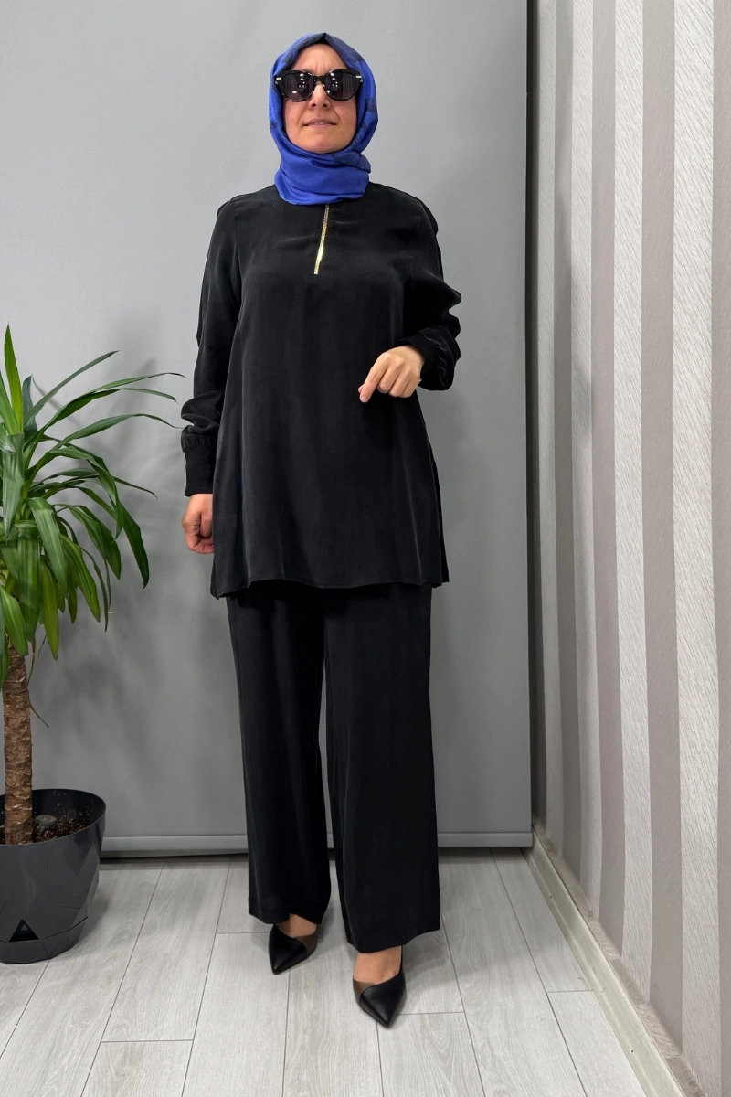 Miss Dalida Dik Yaka Fermuarlı Uzun Kollu Tunik Siyah T25Y-6068
